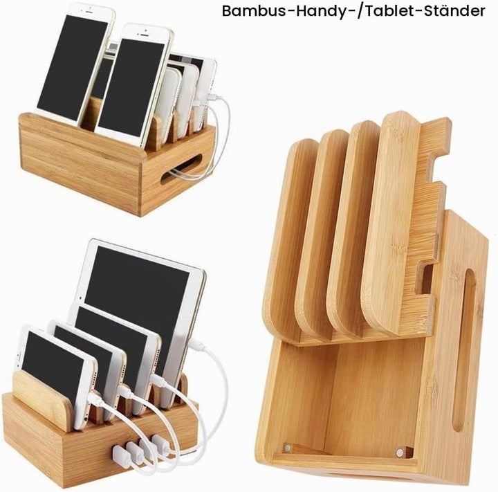 Fdit Bamboo Multi-Device Stand, Ladestation für mehrere Geräte, Ladestation Telefon Tablet Cord Orga