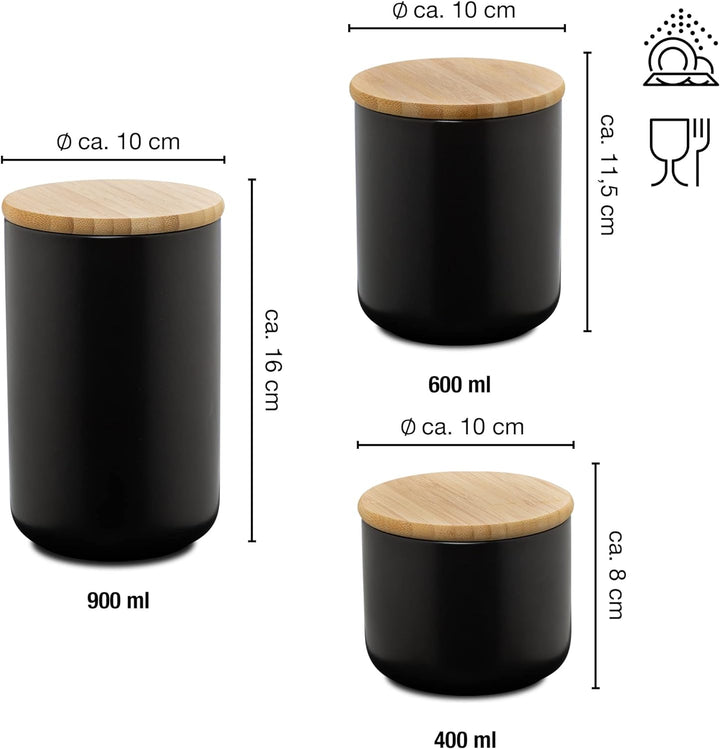 Moritz & Moritz 3 Vorratsdosen Schwarz 400-900 ml - Beschreibbar – 3x Dose Keramik mit Deckel aus Ba