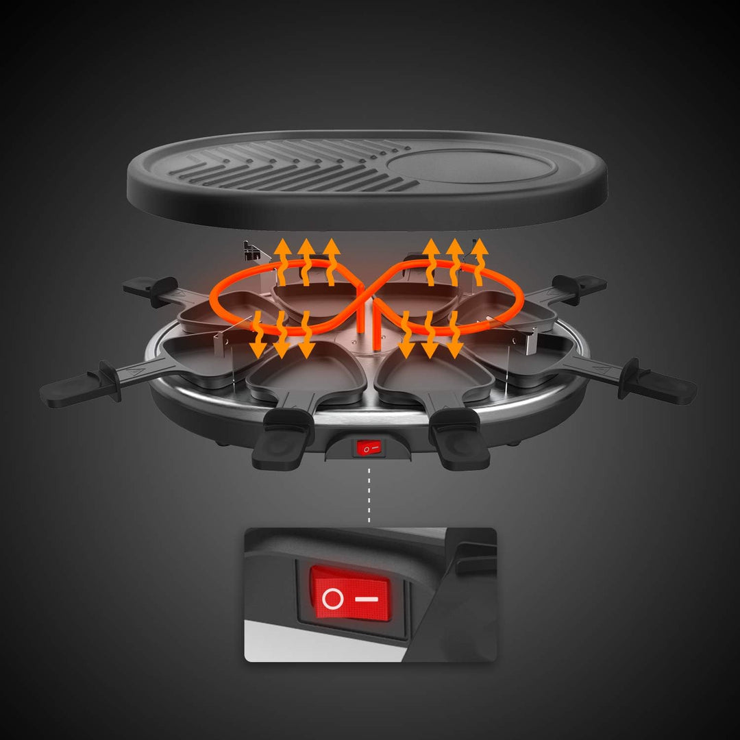 Leogreen - Raclette-Grill, Raclette 4 in 1 für 8 Personen, Elektrischer Grill, Steingrillplatte, Pfa