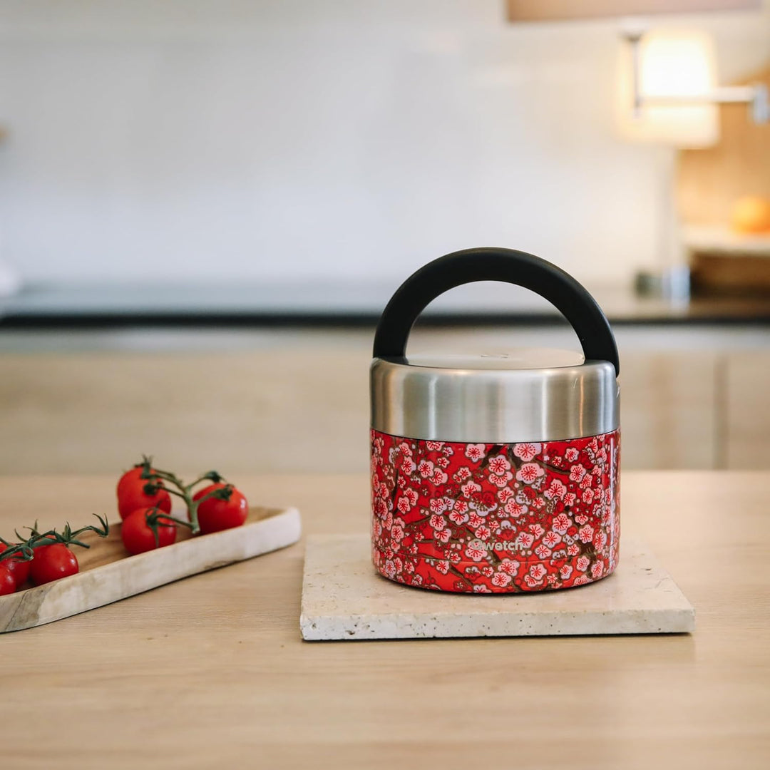 QWETCH - Thermobehälter für Essen mit Griff - 650ml Rote Blumen - Lunchbox Edelstahl Isotherm - 5h H