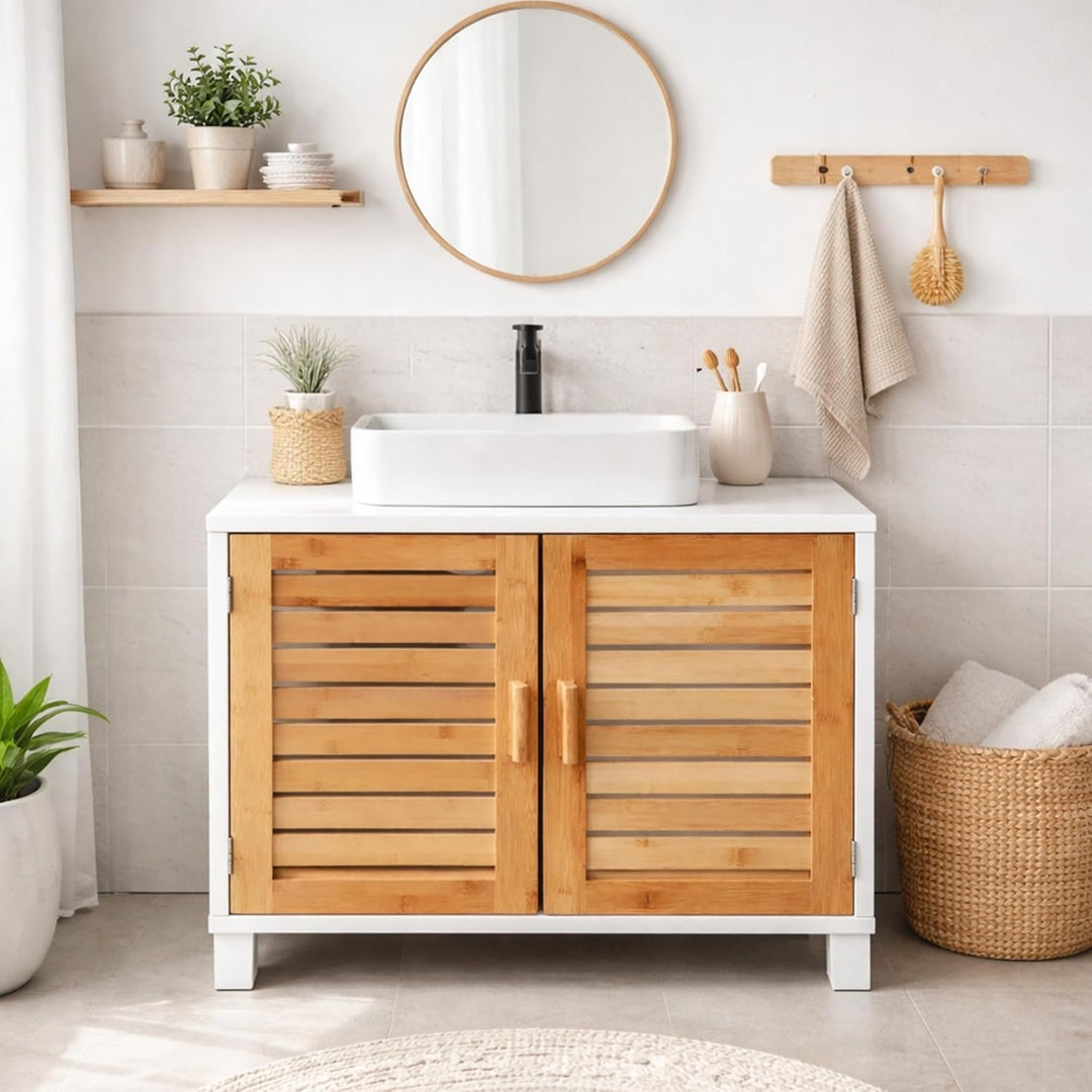 osoltus Bad Waschbecken Unterschrank Kopenhagen Bambus Holz Weiss - Unterschrank für Badezimmer - 60