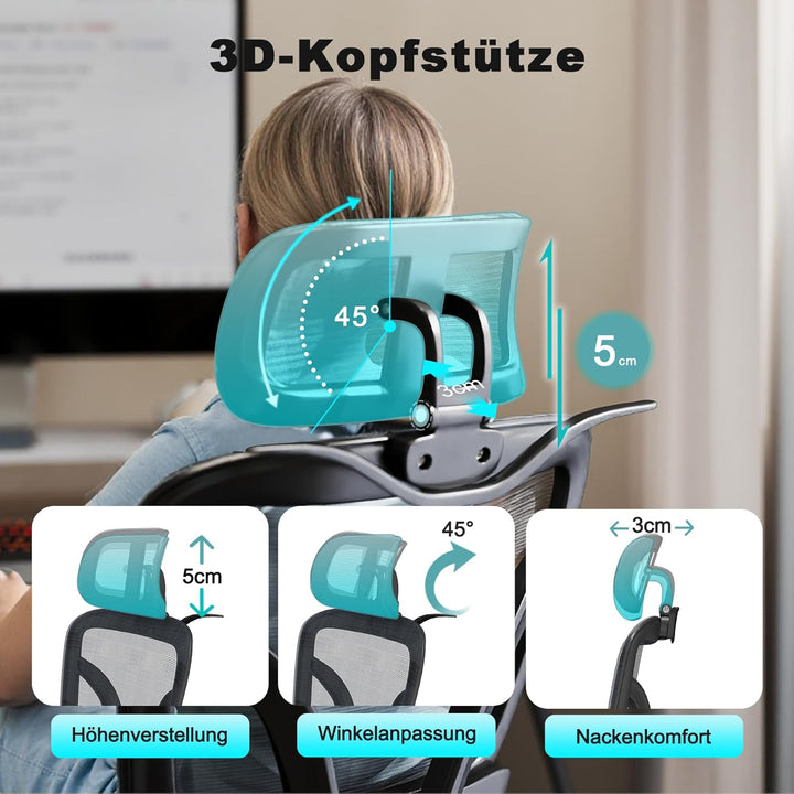 Ergonomischer Bürostuhl – Verstellbare Kopfstütze, Armlehnen &amp; Lordosenstütze, 360°-Drehfunktion, 15
