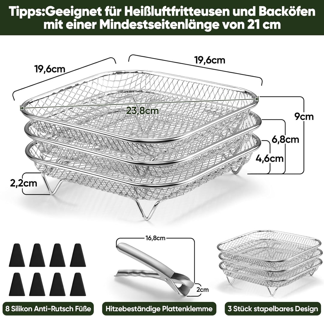 Homikit Heissluftfritteuse Zubehör, 3 Lagiges Stapelbar Edelstahl Grillrost Airfryer Zubehör mit 8 S