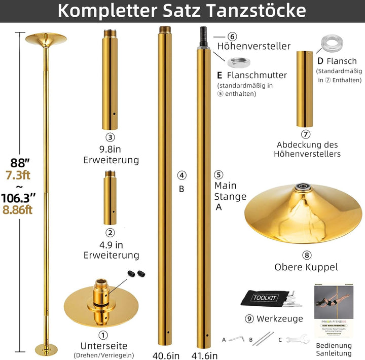 PRIOR FITNESS Pole Dance Tanzstange 45mm von 2,35 bis 2,74 m Höhenverstellbar,2 Modi: drehend/statis