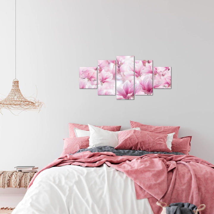 Runa Art Wandbilder Blumen Magnolien 5 Teilig Bild auf Vlies Leinwand Deko Wohnzimmer Blumenmotiv Ro
