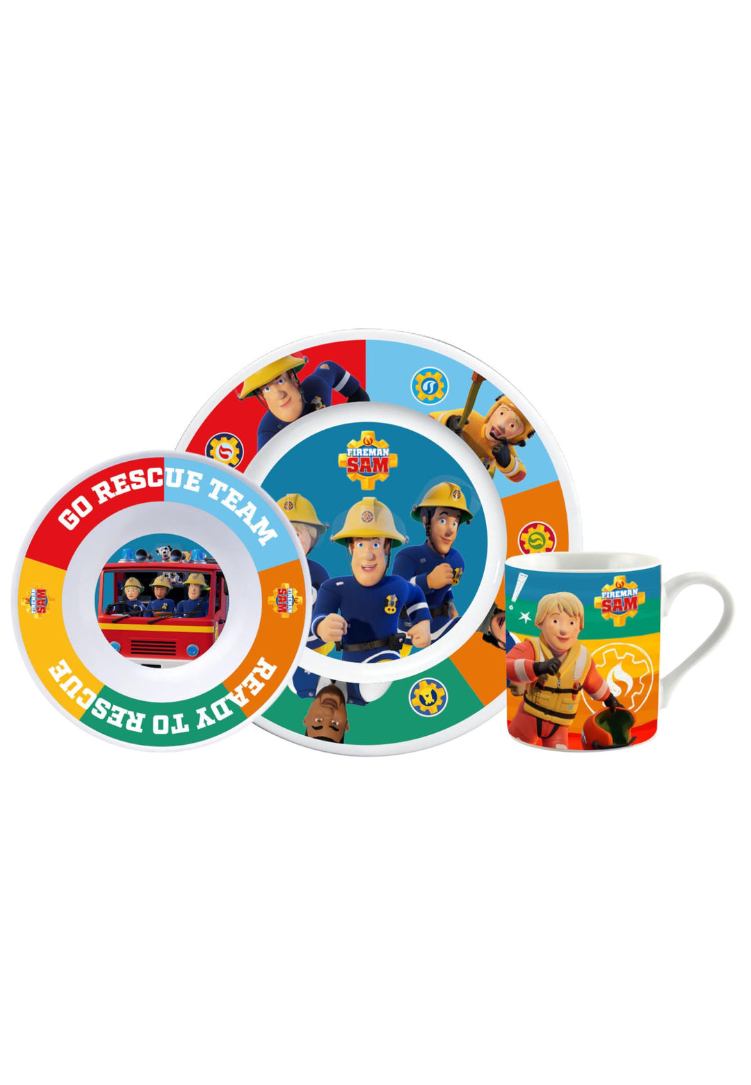 Feuerwehrmann Sam Frühstücksset für Kinder - Geschirr Set 3-teilig Teller, Schale & Tasse aus Porzel