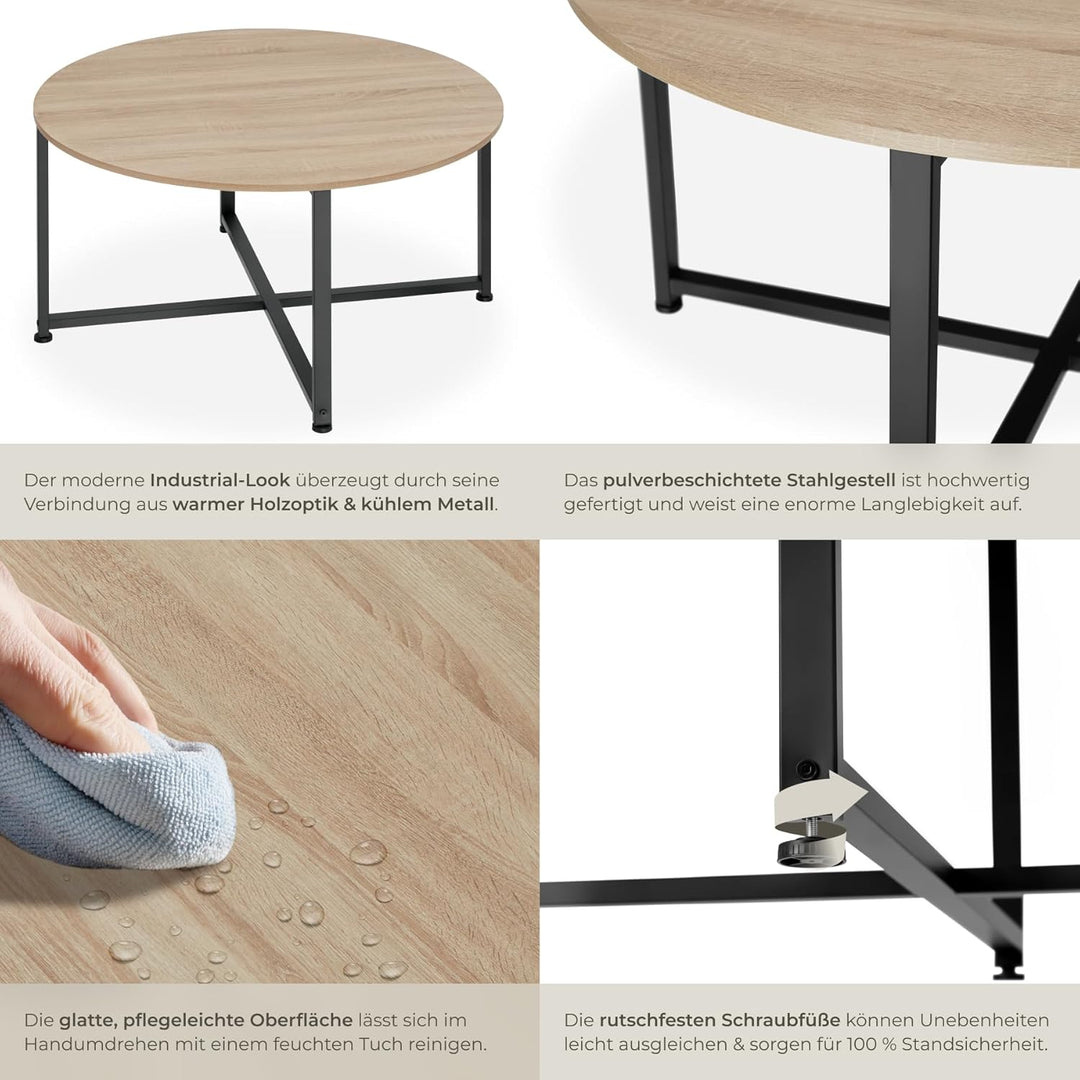 tectake® Couchtisch rund Holz und Metall, Beistelltisch rund, runder Tisch Wohnzimmer, Sofatisch, Wo