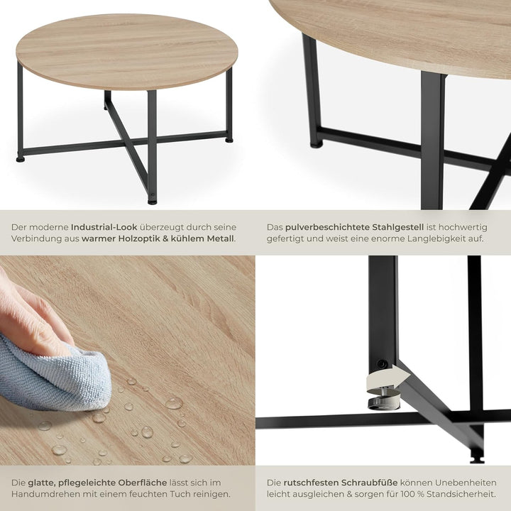 tectake® Couchtisch rund Holz und Metall, Beistelltisch rund, runder Tisch Wohnzimmer, Sofatisch, Wo