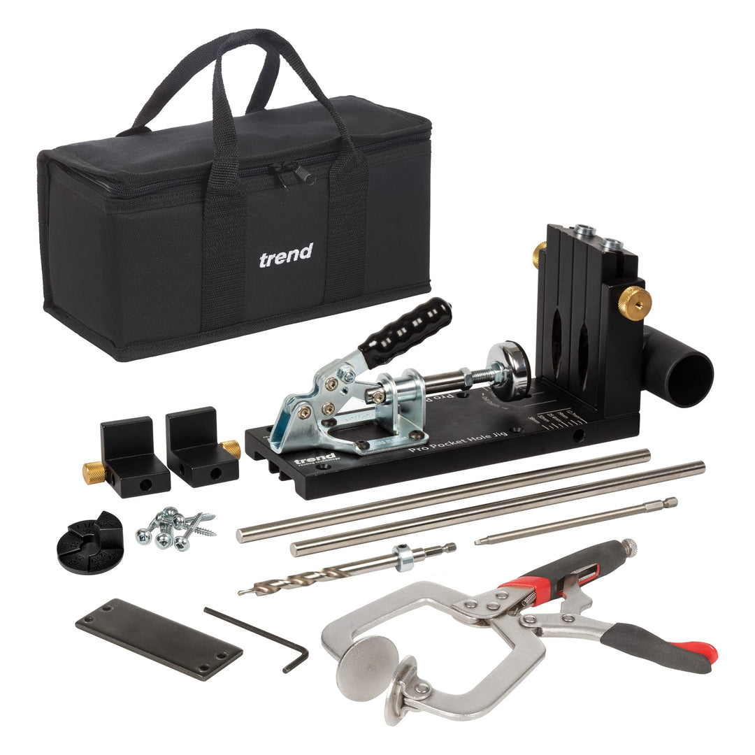 Trend Professional Pocket Hole Jig Kit mit Aufbewahrungstasche und 100 gemischten Schrauben, PH/JIG/