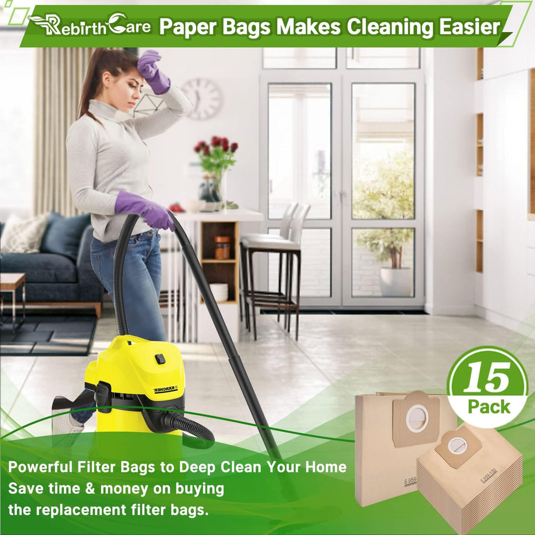 Rebirthcare 15 Stück WD3 Staubsaugerbeutel für Karcher 6.959-130.0 Papier Filtertüten Beutel für WD3