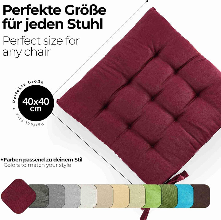 etérea 2er Set Sitzkissen Outdoor 40x40 mit Bändern - Stuhlkissen Bordeaux für Gartenstuhl &amp; Innenbe