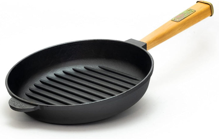4BIG.fun Ø28cm Grillpfanne Gusseisen mit Pressdeckel Induktion Holzgriff Bratpfanne Pfanne Feuerpfan
