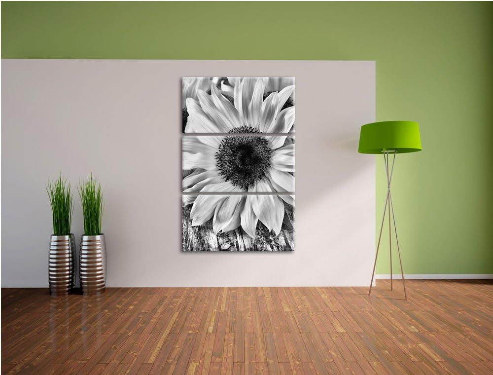 Pixxprint Sonnenblumen auf Holztisch als Leinwandbild/Grösse: 3 Teilig (120x80) cm/Wandbild/Kunstdru