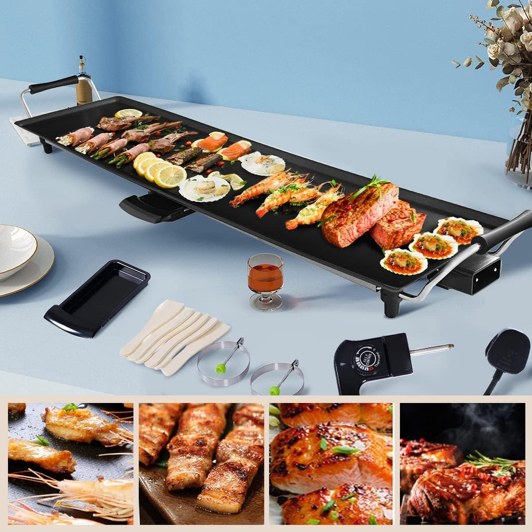 KOMFOTTEU Elektrogrill 1800W, elektrische Grillplatte mit Antihaftebeschichtung, Grill mit 6 Holzspa