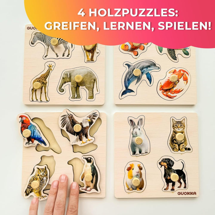 QUOKKA Steckpuzzle Holz ab 1 2 Jahre - 4 Set Spielzeug Puzzle ab 2 3 Jahre - Tiere Lernspiele für Ki