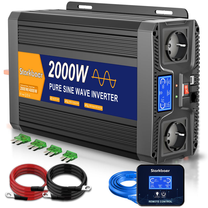 Starkbaer 2000W Wechselrichter 24v auf 230v Reiner Sinus Spannungswandler mit LCD-Bildschirm, Fernbe