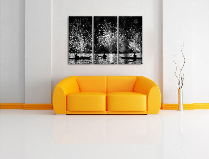 Pixxprint Feuerwerk auf dem Wasser / 3-Teilig/Gesamtmass 120cm Leinwandbild bespannt auf Holzrahmen/