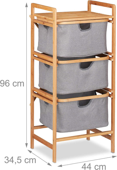 Relaxdays Wäschesortierer Bambus, 3 herausnehmbare Fächer, Bad & Schlafzimmer, Regal, HBT: 96 x 44 x