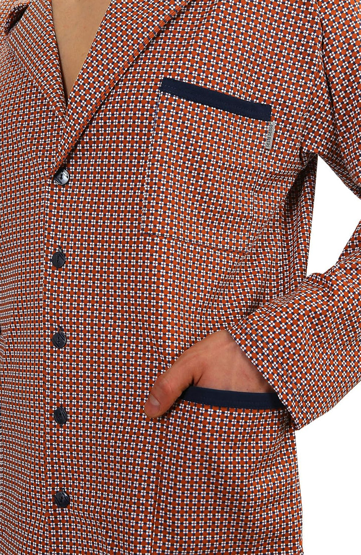 sesto senso Herren Pyjama mit Knopfleiste Lang Baumwolle Schlafanzug Knöpfen L T-shirt - Muster Brau