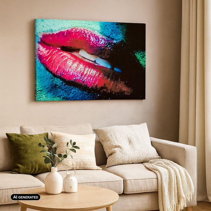 Bilder auf Leinwand 100x70cm Leinwandbild mit Rahmen Lippen Gesicht Frau Gross Wanddeko Bild Schlafz