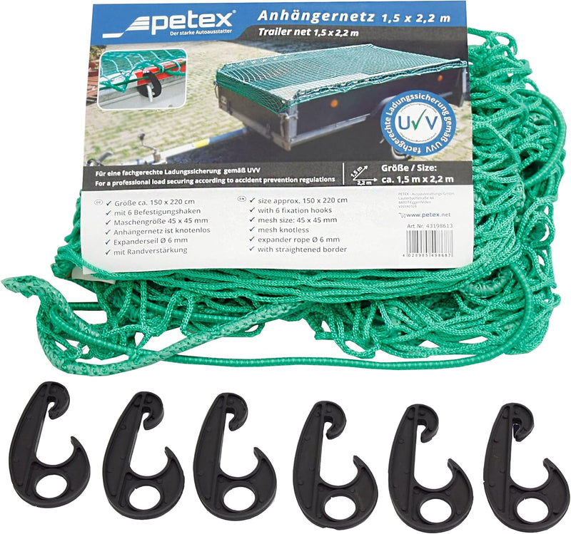 PETEX Anhängernetz 1,5 x 2,2 m, grün inkl. Ladungssicherungsset, 10-teilig, 1,5 x 2,2 m