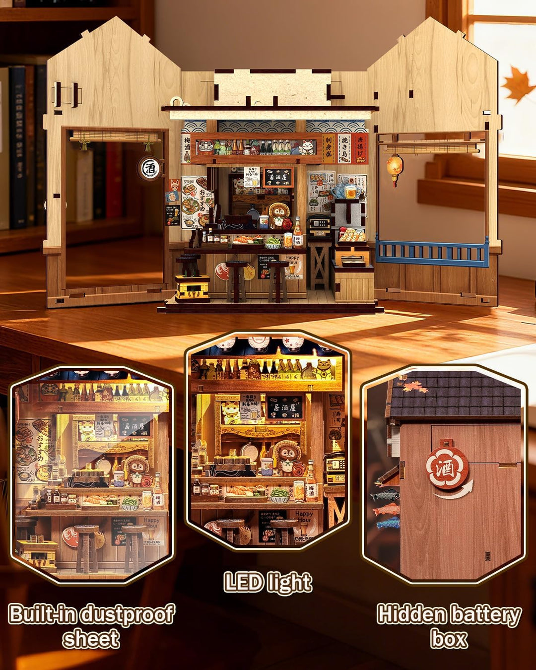 Book Nook Kit - Miniatur Puppenhaus mit LED-Beleuchtung: 3D Holz-Puzzle Buchstütze, Retro-stilvolle