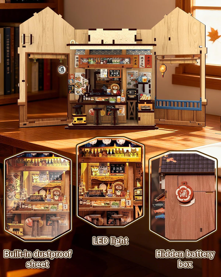 Book Nook Kit - Miniatur Puppenhaus mit LED-Beleuchtung: 3D Holz-Puzzle Buchstütze, Retro-stilvolle