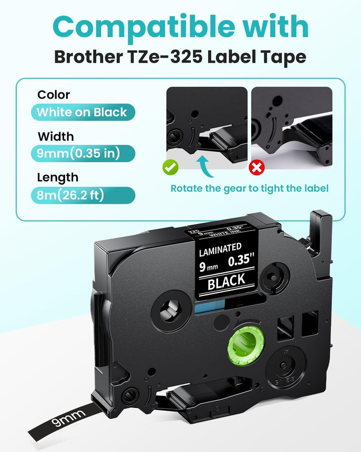 MarkField 4x TZe-325 9mm Weiss auf Schwarz Schriftband Kompatible für Brother P-Touch Bänder TZ TZe3