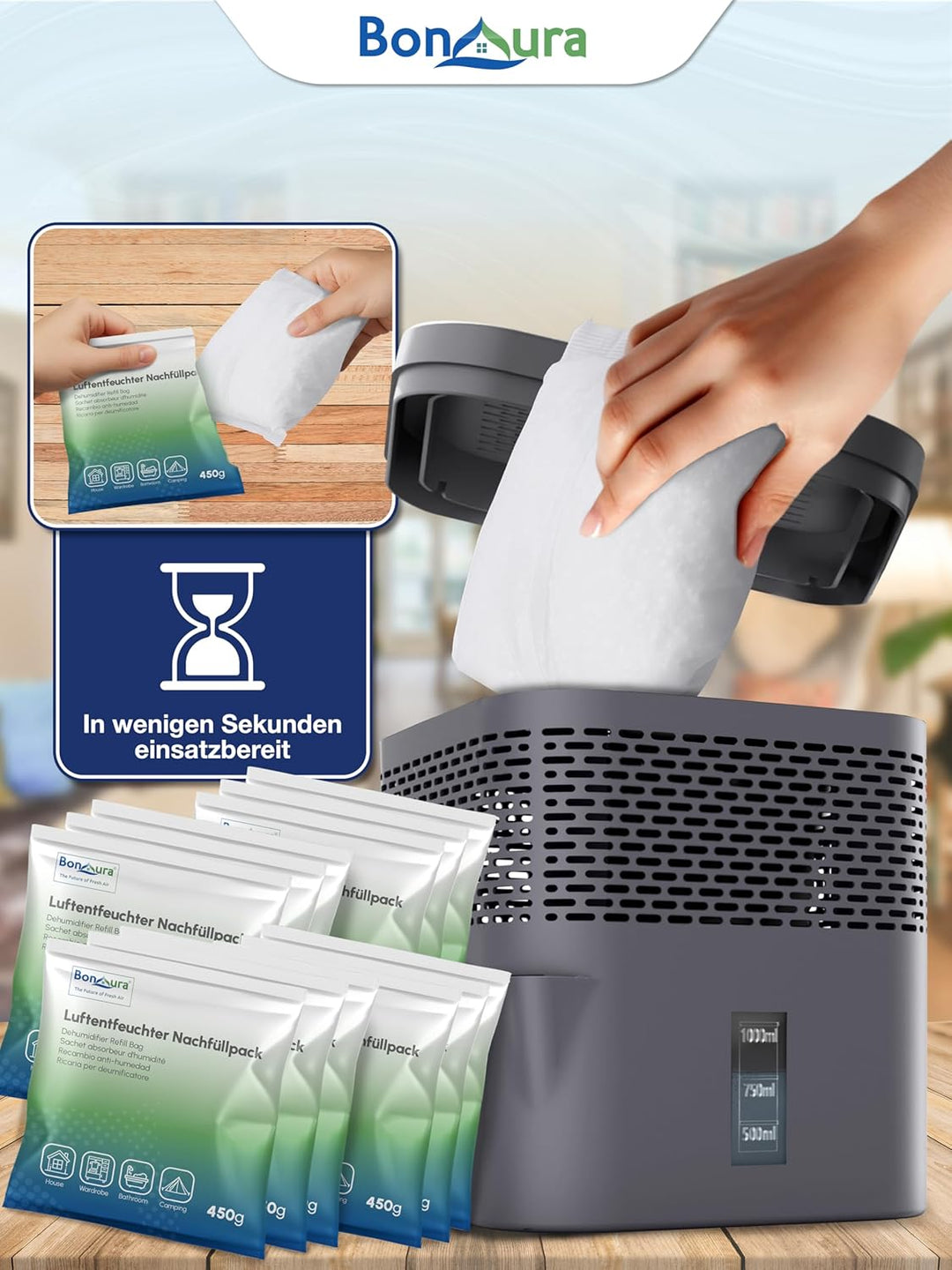 BonAura® AirOne Lite Luftentfeuchter Nachfüllpack I 12er Set 450g Luftentfeuchter Granulat I Entfeuc