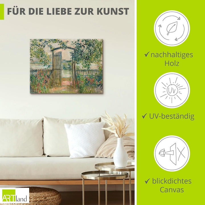 ARTland Leinwandbild Wandbild Bild auf Leinwand 80x60 cm Wanddeko Garten Zaun Pflanzen Bäume Blumen
