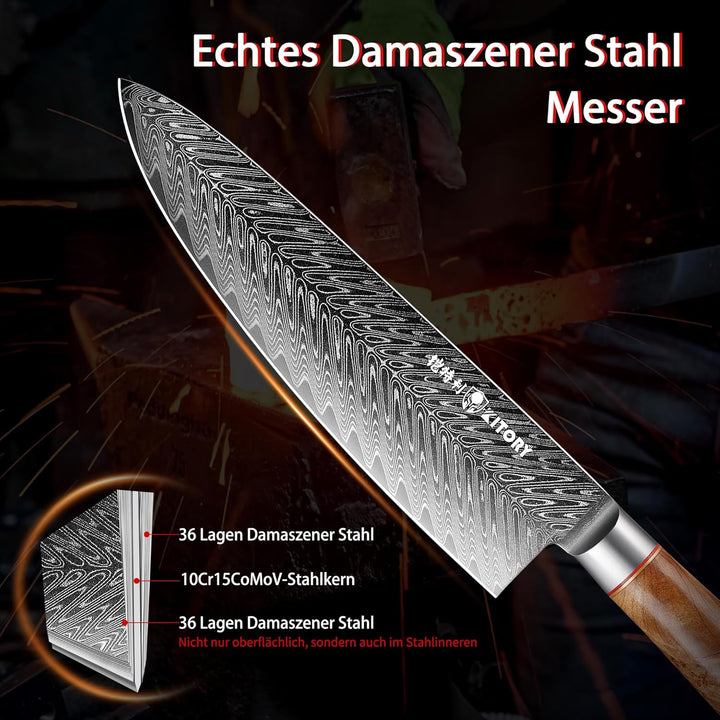 Kitory Damastmesser 20cm Pro Kochmesser 73 Lagen Damaststahl Klinge 10Cr15CoMoV Stahl Küchenmesser m