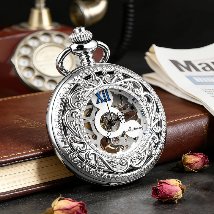 TREEWETO Unisex Taschenuhr mit Kette Analog Handaufzug Skelett Lupe Halber Jäger Silber