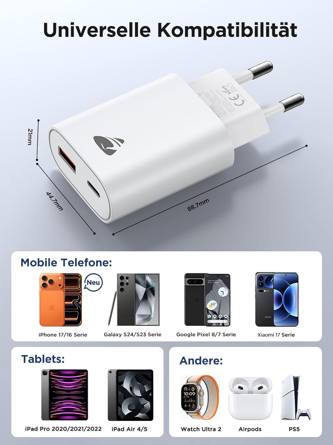 USB C Ladegerät, 2er Pack 20W Schnellladegerät mit 2-Fach USB Stecker (USB-C & USB-A), Handy Ladeger