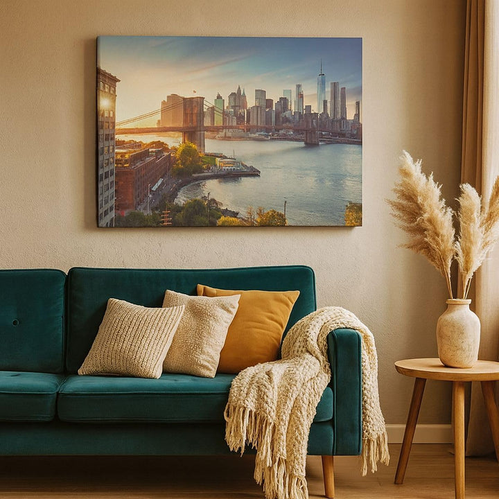 Bilder auf Leinwand 100x70cm Leinwandbild mit Rahmen New York Brücke Gross Wanddeko Bild Schlafzimme
