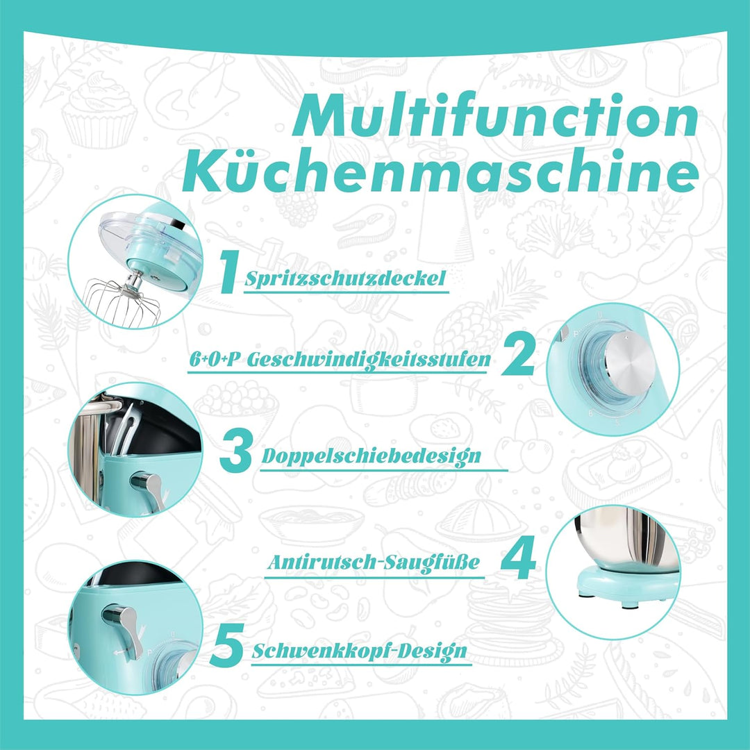 Kitchen in the box Küchenmaschine, 7,5L Knetmaschine 1400 W, 6 Geschwindigkeits Teigmaschine mit Rüh