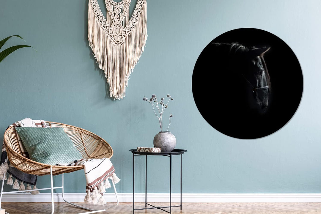 MuchoWow Wandbild Rund Wanddeko Deko Wohnzimmer Bilder 90x90 cm Pferd - Leicht - Schwarz, 90x90 cm