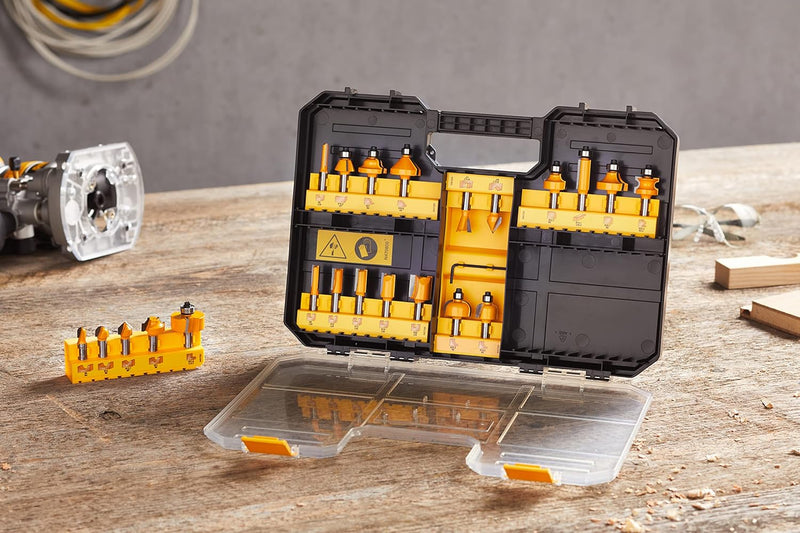 Dewalt Fräser-Set 22 tlg. (Nutfräser, Zinkenfräser, Hohlkehlfräser, in Aufbewahrungsbox mit Klarsich