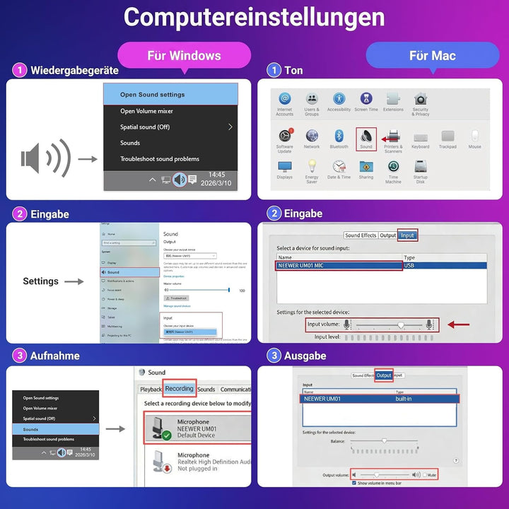 NEEWER UM01 USB Mikrofon mit AI Rauschunterdrückung, Plug &amp; Play Kondensatormikrofon mit Nierenchara