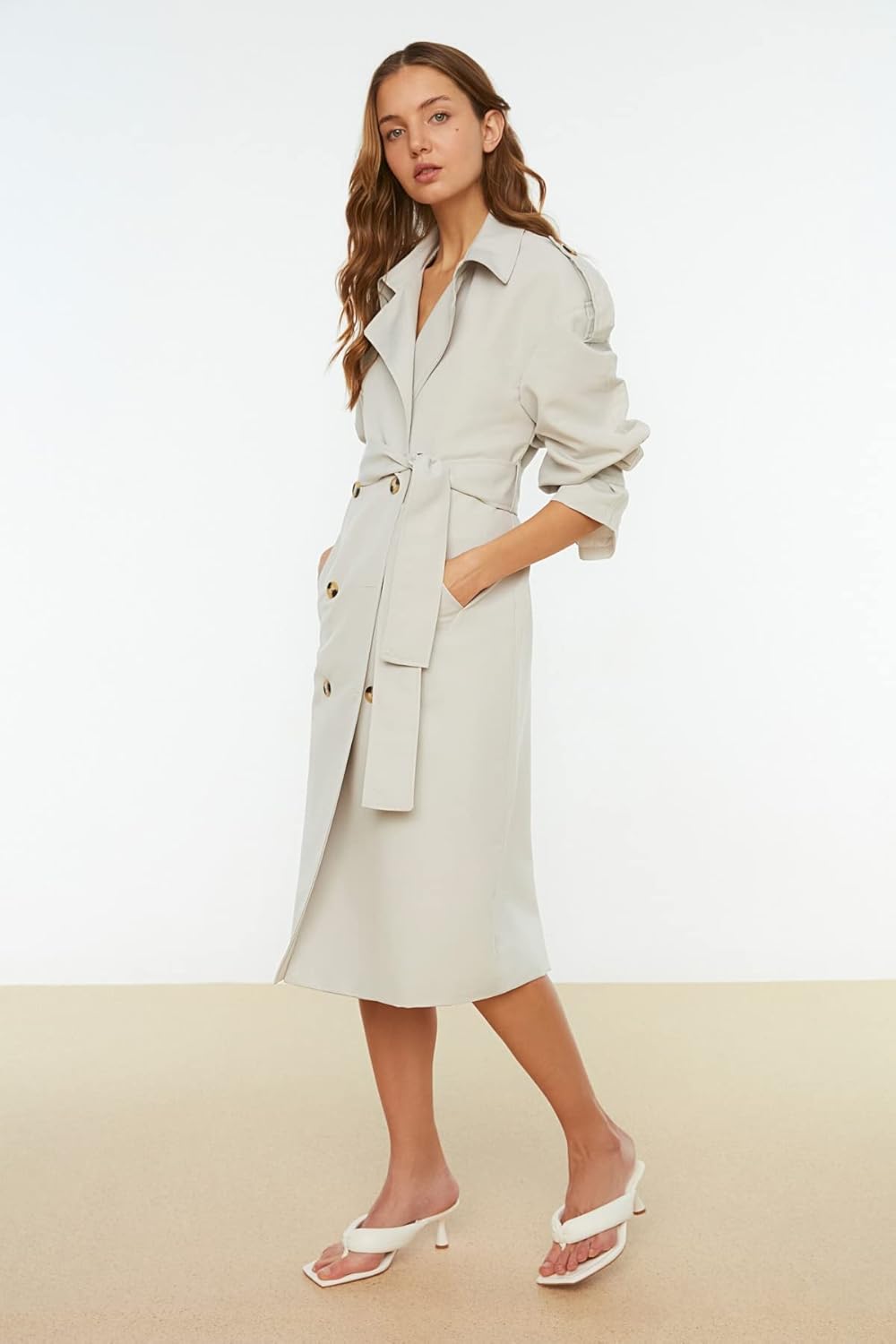 TRENDYOL Trench Coat - Brown - Regular 32 Beige, 32 Beige