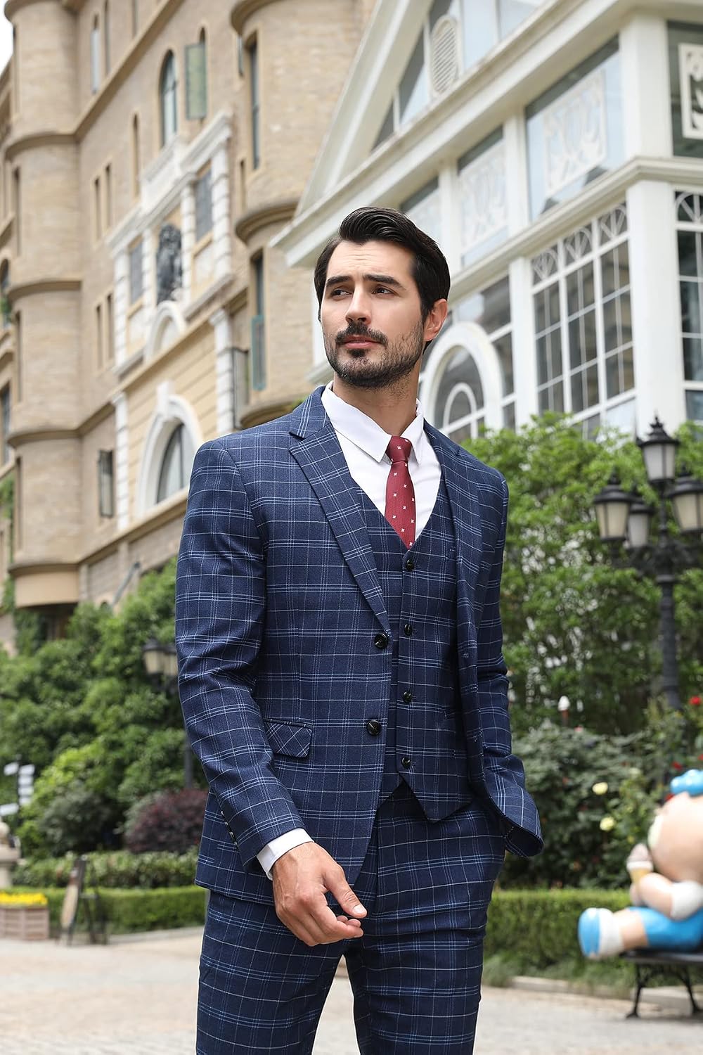 Allthemen Herre Anzug Kariert Herrenanzug Slim Fit 3 Teilig Anzüge für Business Hochzeit S 