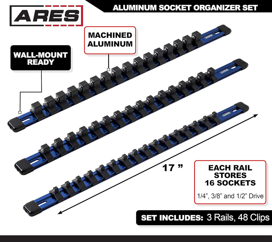ARES 60041-3-Piece 17-Inch Blue Aluminum Socket Rail Set - 1/4-Inch, 3/8-Inch, and 1/2-Inch Drive So