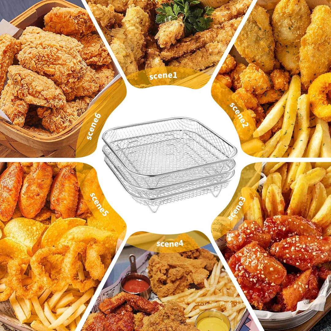 3 Stück Körbe Gitter für Heissluftfritteuse: 304 Edelstahl Air Fryer Racks mit 8 Silikonfüssen, Fryt