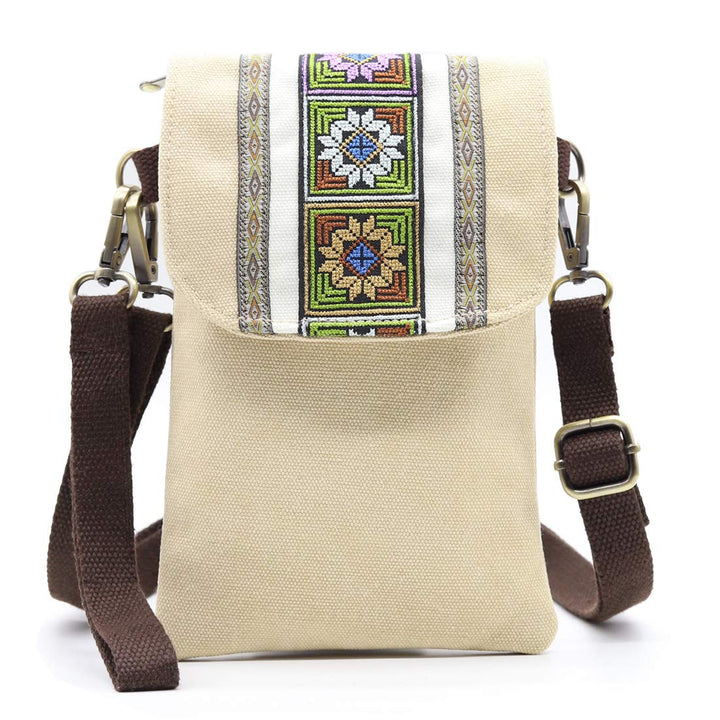 Vintage Embroidered Canvas Small Flip Crossbody Bag Cell Phone Pouch for Women Wristlet Wallet Bag C