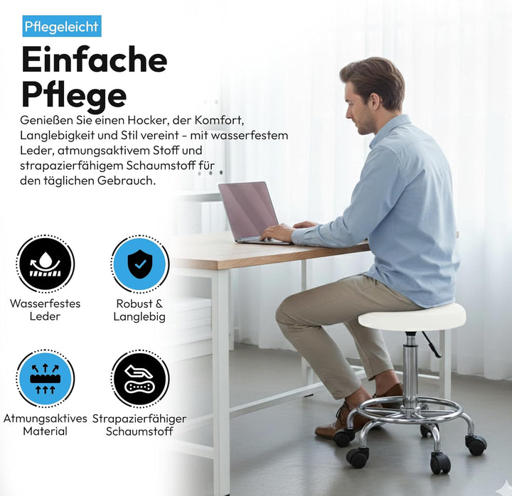 Ergonomie rollbarer Arbeitshocker Drehhocker Barhocker Praxishocker Rollhocker höhenverstellbar, wei
