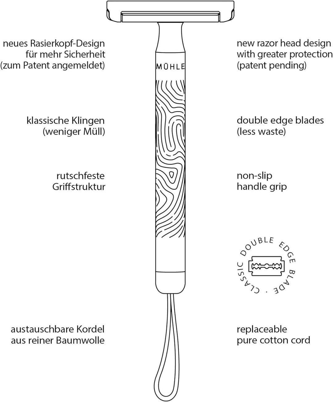 MÜHLE Companion Rasierhobel - Unisex Sicherheitsrasierer mit grauer Kordel - nachhaltige, umweltscho