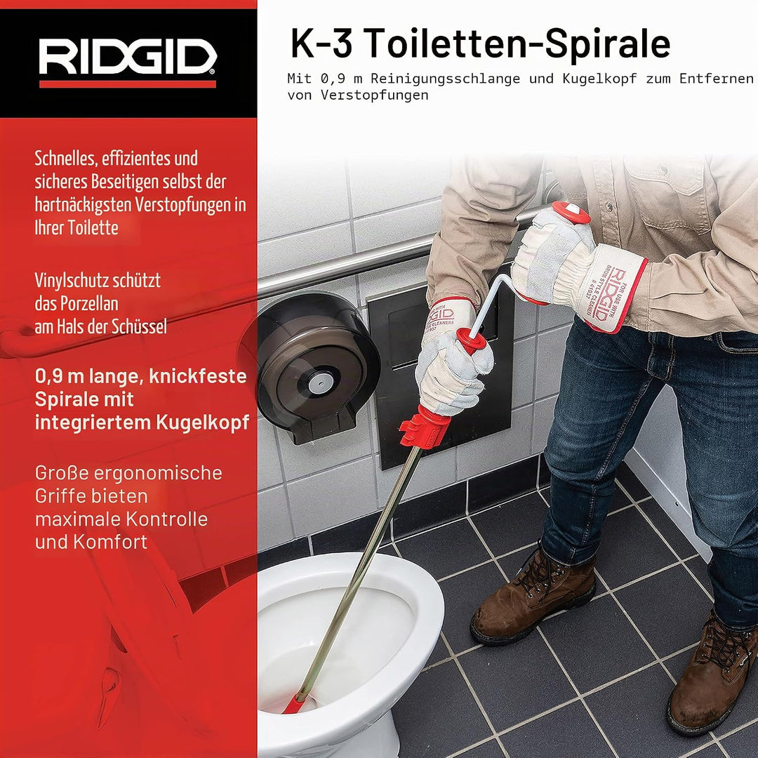 RIDGID 59787 Modell K-3 WC-Reinigungsspirale, 1 m lange WC-Sspirale mit Ovalbohrer zur Reinigung blo
