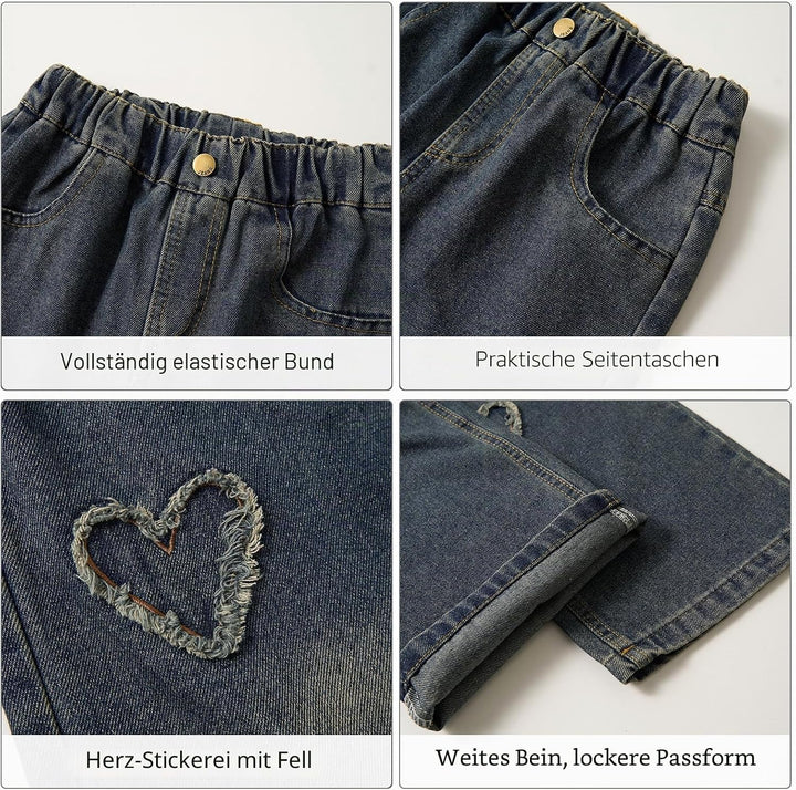 Rolanko Mädchen Jean Hosen Loch Denim Blau Jeans, Vintage Hose mit weitem Bein für Kinder Fit 6-7 Ja