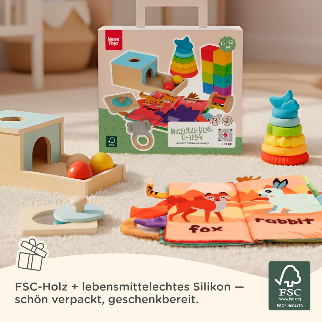 Nene Toys Montessori Baby Spielzeug ab 6 Monate – Holz Lernspielzeug für Babys – Objektpermanenz Box