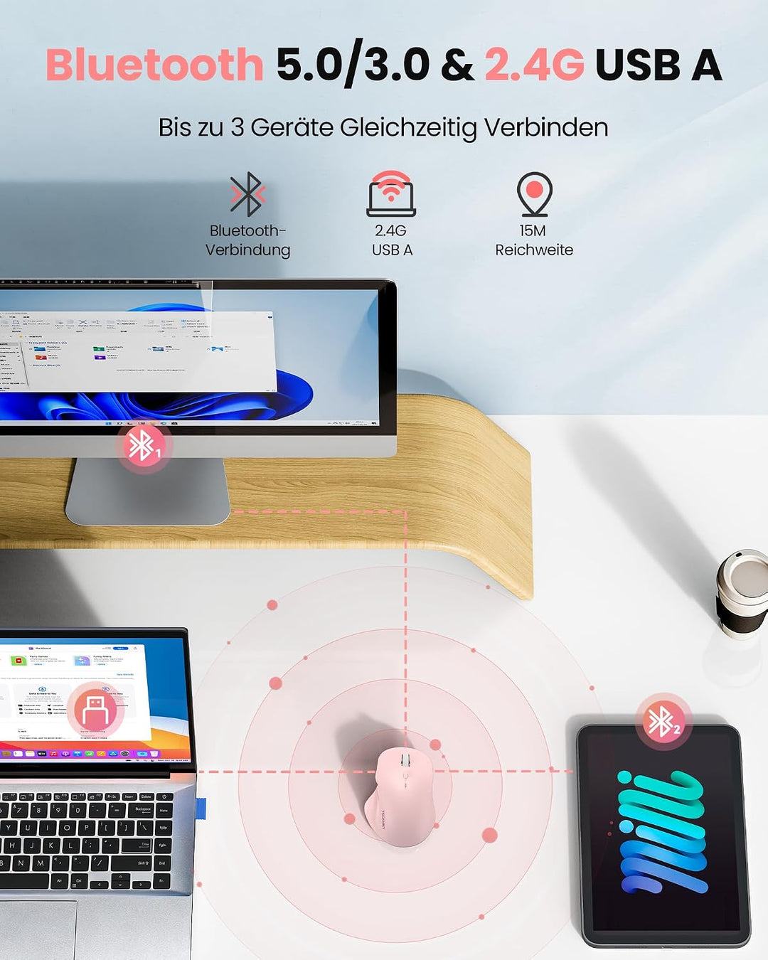 TECKNET Bluetooth Maus Wiederaufladbar, Ergonomische Daumenauflage | Tri-Modi: BT5.0/3.0 + 2.4G, 480
