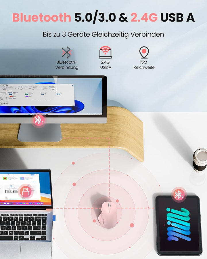 TECKNET Bluetooth Maus Wiederaufladbar, Ergonomische Daumenauflage | Tri-Modi: BT5.0/3.0 + 2.4G, 480